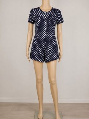 Studio Wear Polka Dot Romper Size Small Women Navy White Button Front